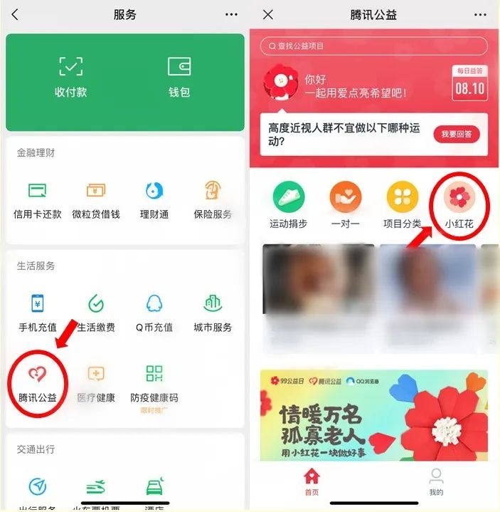 点击腾讯公益，选择“我要回答”，通过答题获得小红花；或点击“小红花”图标，进入小红花专题页面。.jpg