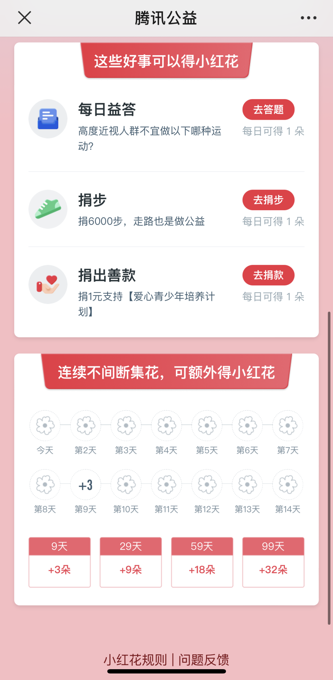 在“小红花”专题页面，通过答题、捐步、捐款（1元即可）获得更多小红花.png